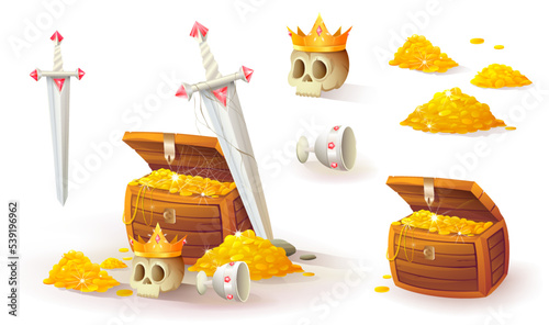 Chest with gold, pirate treasure chest with golden coins, scull and crown, a silver precious sword. Wealth and fortune, magic fairytale and adventure treasures. Vector isolated clipart collection.