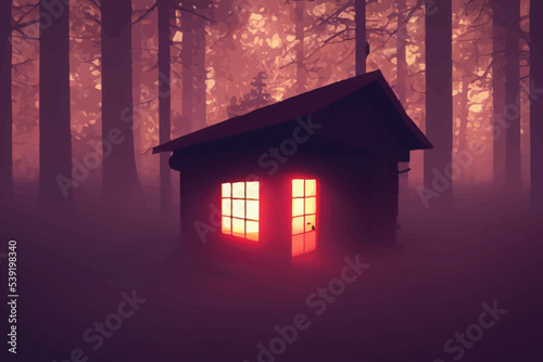 Valokuvatapetti a creepy cabin in the woods with a red light glowing