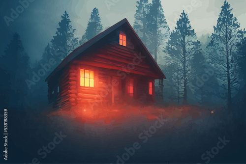 Fototapeta a creepy glowing red abandoned cabin isolated in the woods