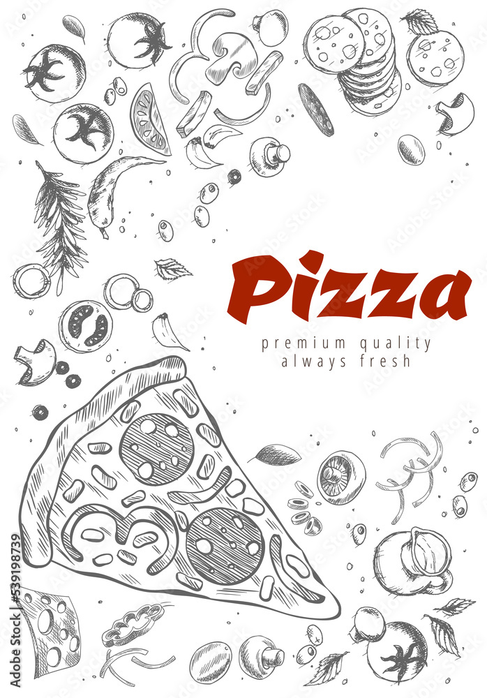 Pizza line banner. Engraved style doodle background. Savoury pizza ads. Tasty banner for cafe, restaurant or food delivery service