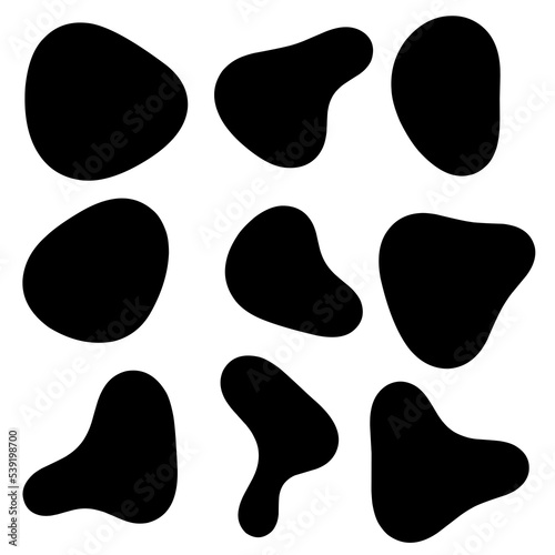 Random shape. Irregularly shaped black lumps. Abstract blotches, ink blotches and pebbles silhouette, simple liquid amorphous splodge elements water shape creative minimal bubbles rock vector set.