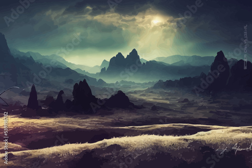 black desert landscape, sun rays, sky