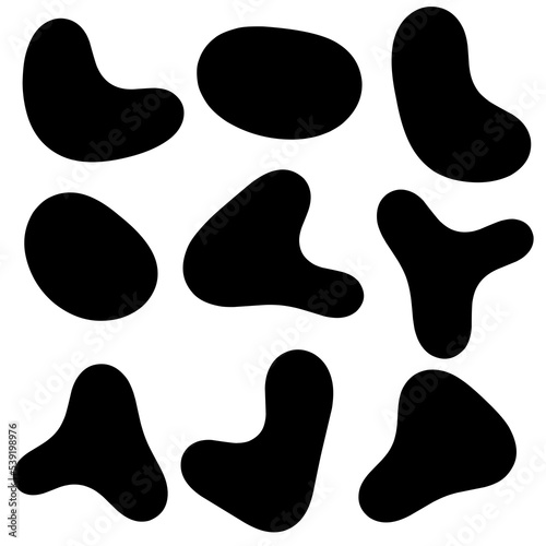 Random shape. Irregularly shaped black lumps. Abstract blotches, ink blotches and pebbles silhouette, simple liquid amorphous splodge elements water shape creative minimal bubbles rock vector set.