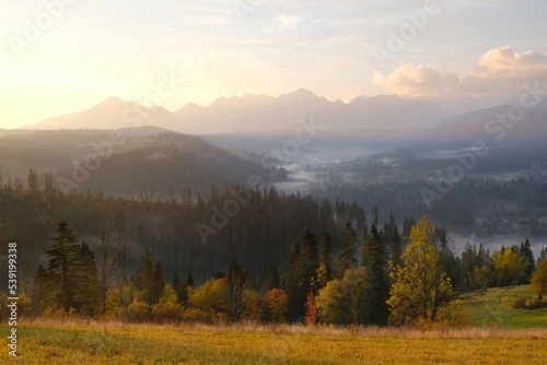 Magical sunrise in a mountain valley in autumn scenery. Flowing mists lit by the sun. Tatry mountains on horizon. Around Poronin, Podkarpacie, Poland