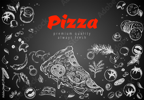 Hand drawn pizza line banner. Engraved style chalk doodle background. Savoury pizza ads. Tasty banner for cafe, restaurant or food delivery service
