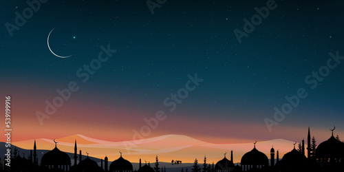 Eid Mubarak background,Silhouette Dome Mosques at night, crescent moon blue sky,Vector Arab family,Muslim caravan riding camel going through the sand dunes,Islamic religions,Eid al-Adha,Eid al-fitr
