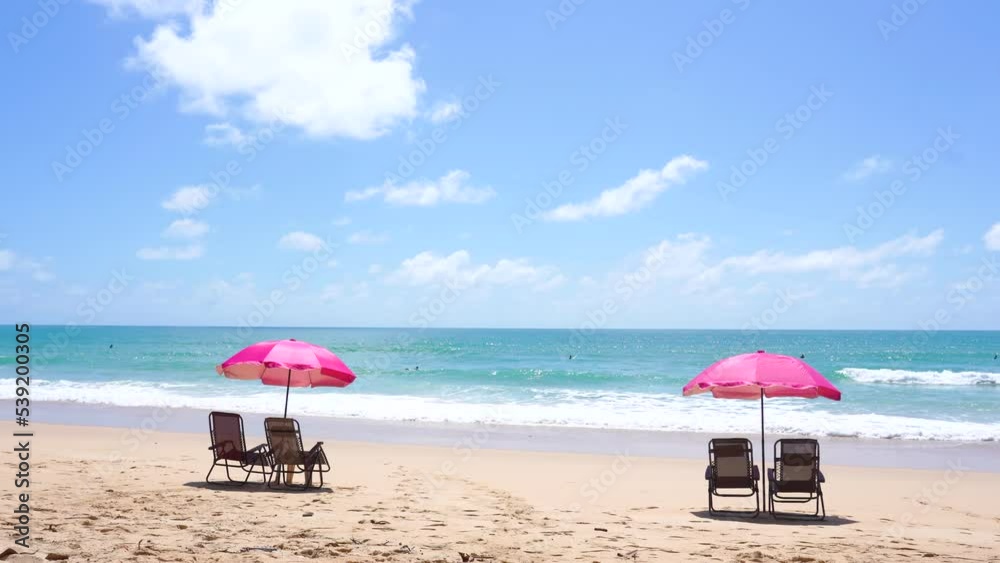 beach chairs and umbrella on the beach. Seashore Beach Nature concept with copy space.