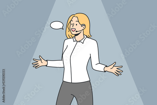 Stand-up comedian woman. Girl tells funny interesting story, shows something on stage. Lady performing in front of audience. Speech bubble. Speaker, actor. Vector linear colored illustration.