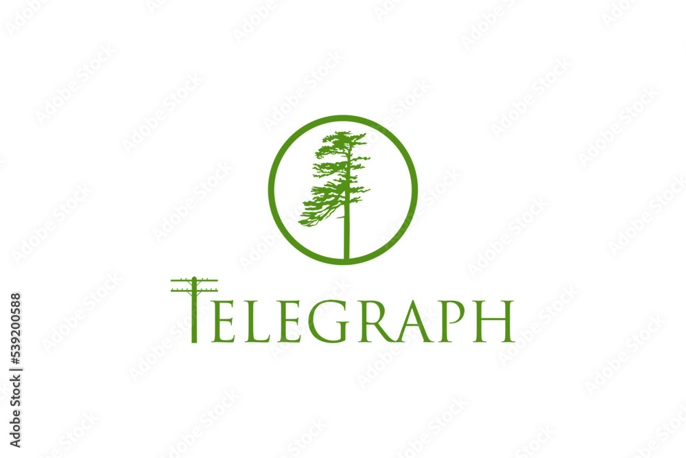 Tree outdoor logo icon with Telegraph pole symbol power pole landscape silhouette electric tower.