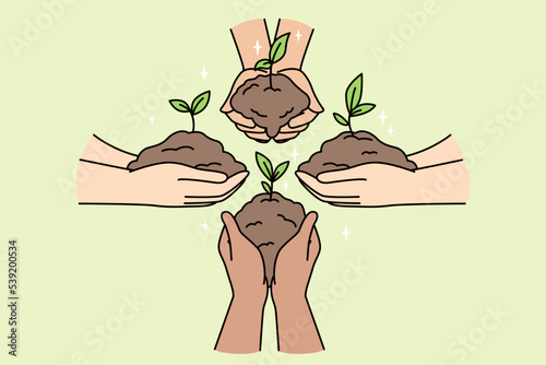 Faceless people hold plant sprouts in handfuls of ground in their palms. Green buisness, startup, teamwork, eco-friendly activities, gardening, planting of greenery. Minimalistic vector concept.