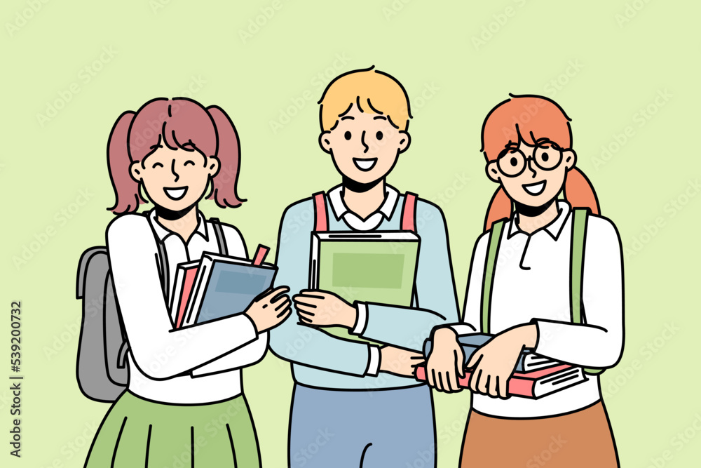 Two girl, boy with college bags stands together, keep textbooks, smiles. Back to school. Schoolchildren like to study. Smart students enjoy learning at university. Vector illustration. Two girl, boy with college bags stands together, keep textbooks, smiles. Back to school. Schoolchildren like to study. Smart students enjoy learning at university. Vector illustration.