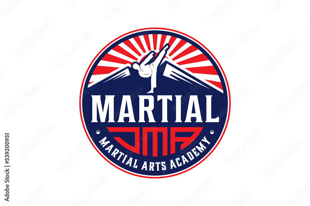 Martial art logo badge style ap chagi dollyo chagi mountain and sunset element rounded shape