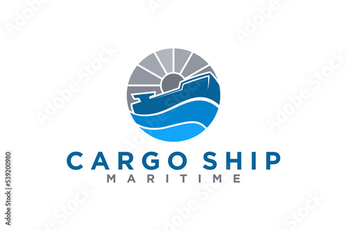 Cargo ship logo design shipping water wave sunshine symbol illustration