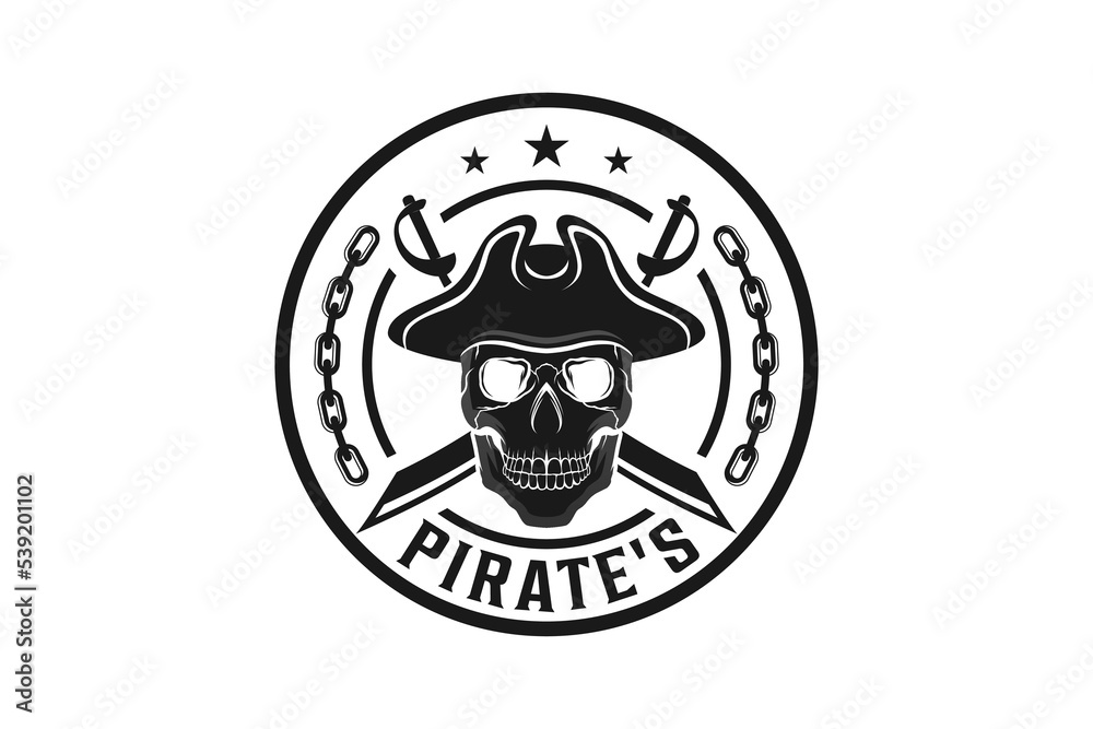 Pirate head skull logo design with hat cowboy and swordcross rounded shape illustration silhouette vector