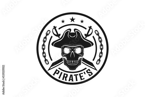 Pirate head skull logo design with hat cowboy and swordcross rounded shape illustration silhouette vector