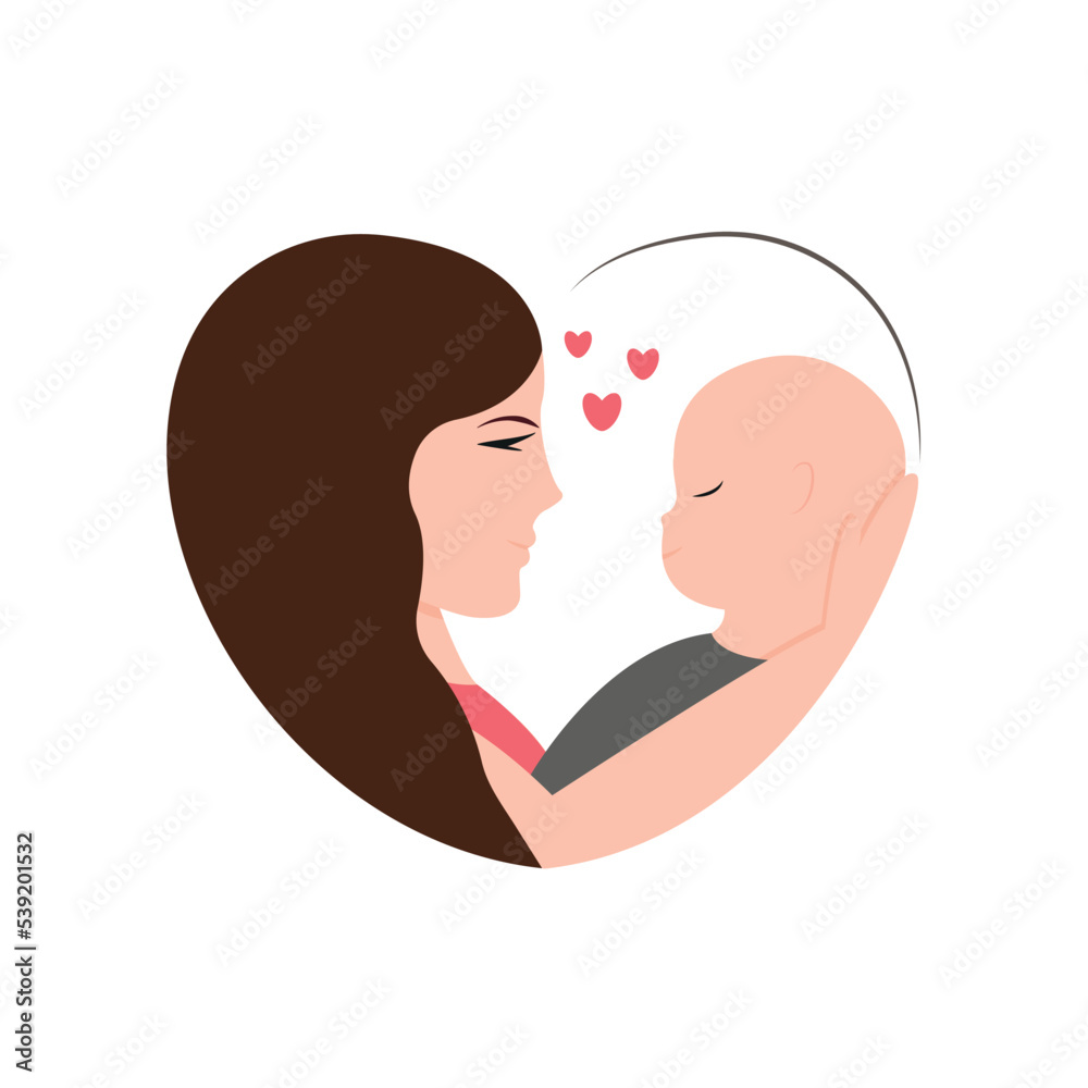 Mom holds baby in her arms inside heart-shaped silhouette. Mother's Day. Vector illustration