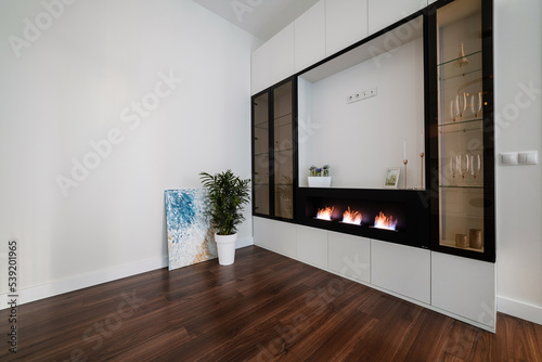 black bio fireplace with fire in a new house
