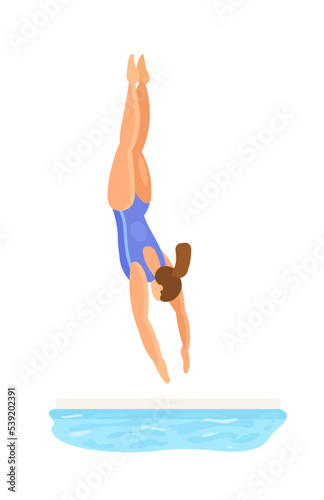The girl jumps into the water from the springboard. Sports diving. Vector illustration isolated on white background