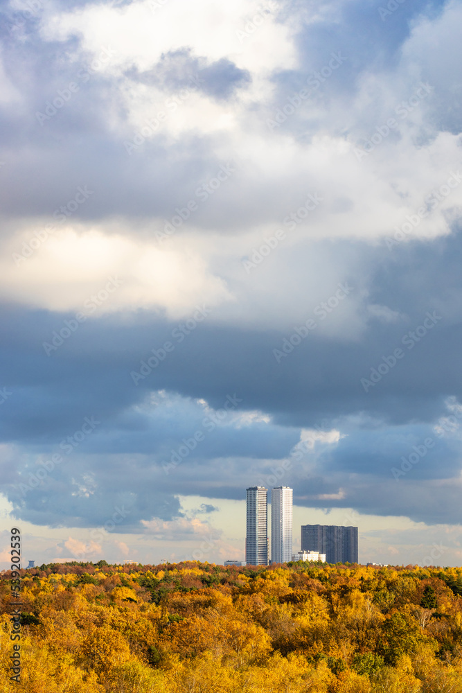 large rainy cloud over yellow autumn forest and skyscrapers on horizon on sunny day large rainy cloud over yellow autumn forest and skyscrapers on horizon on sunny day