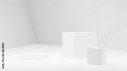 Abstract rendering 3d shape for products display presentation. Modern white cube pedestal podium with empty room.
