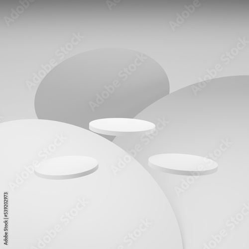 Abstract white 3D cylinder pedestal podium floating on air. Minimal wall scene for cosmetic product display presentation. Geometric rendering platform design.