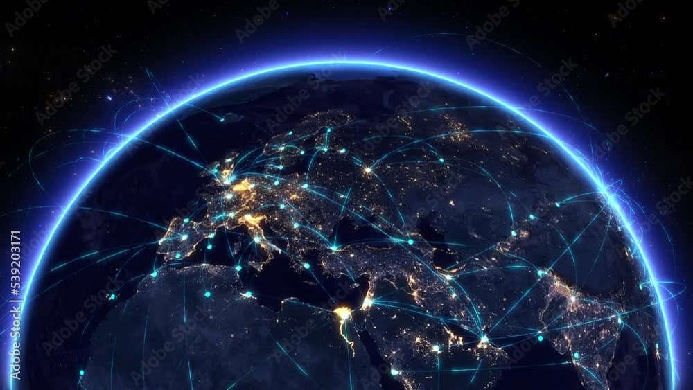 
3D Earth Digital Connected Network Big Data Cloud. World Connections with Light Lines over Europe. Spinning Futuristic Earth Digital Grid. Digitalization Concept Global Technology. IOT.