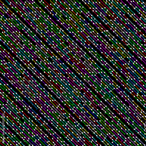 Flowing multicolored particles on black background. Illustration.