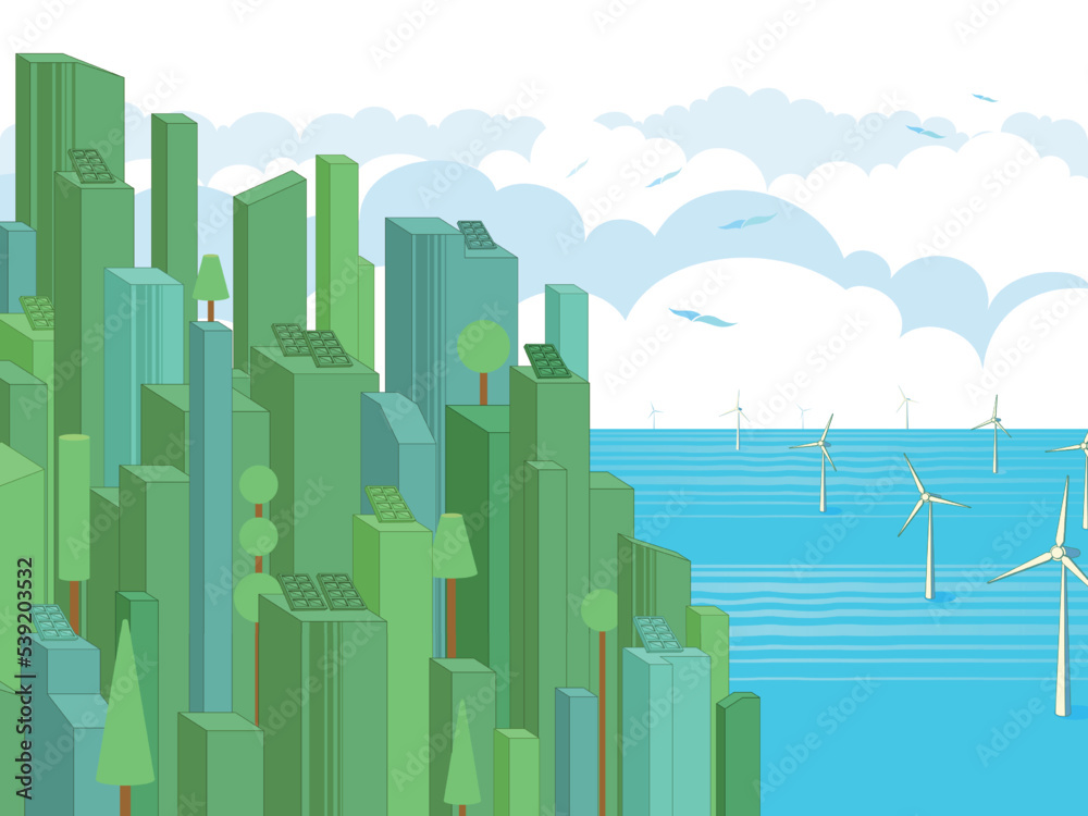 Metropolis 4 with ECO elements with ocean to shows the concept vector illustration graphic EPS 10