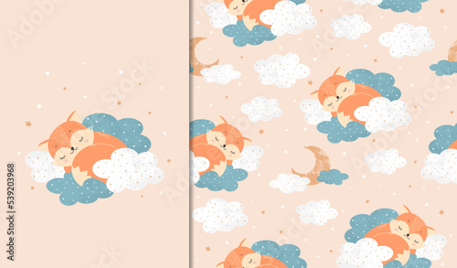 Set of posters and seamless patterns with a fox sleeping on the clouds. Child illustration for posters, textiles. Vector