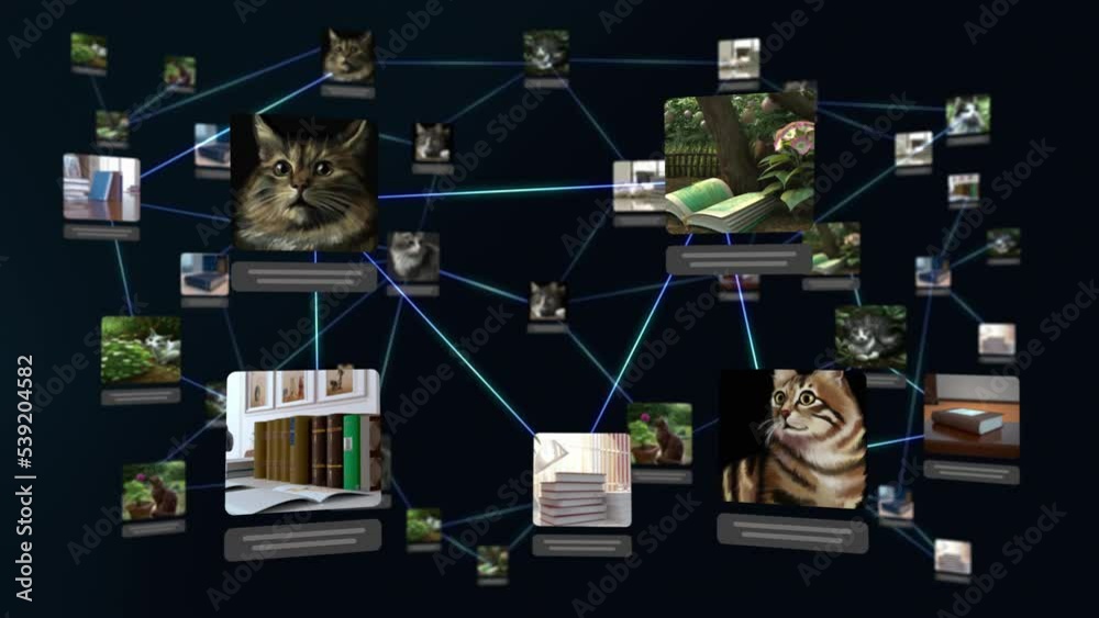 Animation of neural network connections with books and cats. Machine learning. Futuristic technology. Artificial Intelligence.