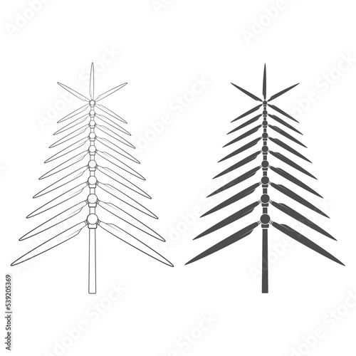 Set of black and white illustrations with Christmas tree made of propellers, windmill blades, wind turbine. Isolated vector objects on white background.
