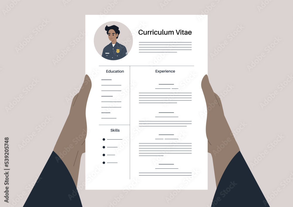 A police officer job application, a CV template, a young character wearing a uniform A police officer job application, a CV template, a young character wearing a uniform