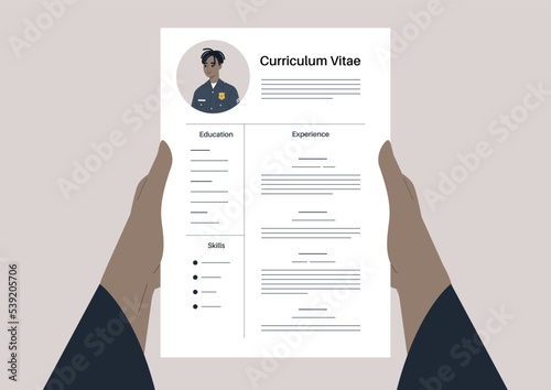 A police officer job application, a CV template, a young character wearing a uniform