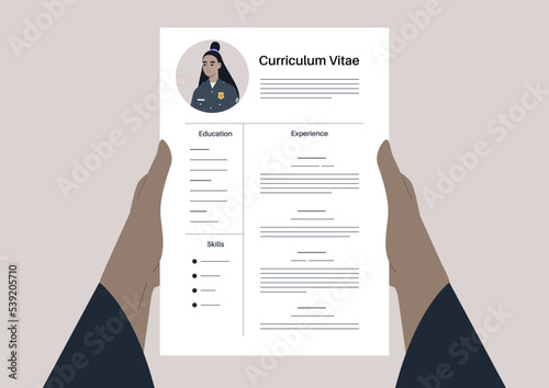 A police officer job application, a CV template, a young character wearing a uniform