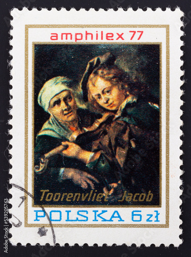 Postage stamp 'The Violinist by Jacob Toorenvliet' printed in Poland. Series: 'AMPHILEX'77, Amsterdam', 1977