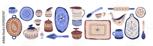 Ceramic crockery, kitchen ware set. Ceramics, handmade pottery. Painted tableware, dishes, cup, jug, teapot, plate. Hand-made dinnerware. Flat graphic vector illustrations isolated on white background