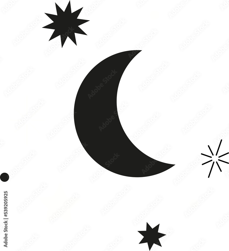 Set of black and white stars and moon. PNG. Clear background Stock