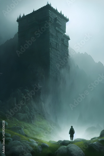 man in the fog in front of a dungeon