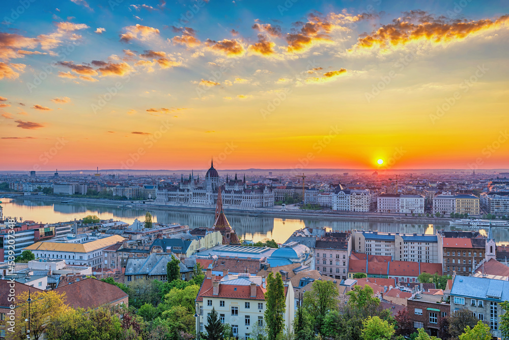 Budapest Hungary, city skyline sunrise at Hungarian Parliament and Danube River