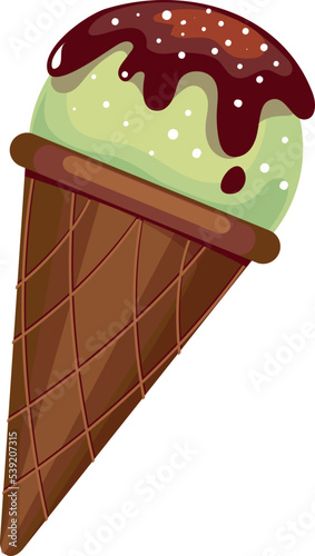 Pistachio ice cream with dripping chocolate in waffle cone