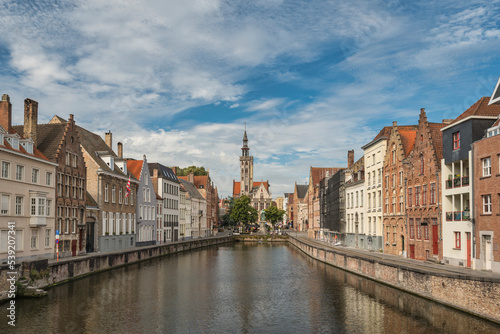 Bruges Belgium, city skyline at Spiegelrei Canal view from King's Bridge (Koningsbrug)