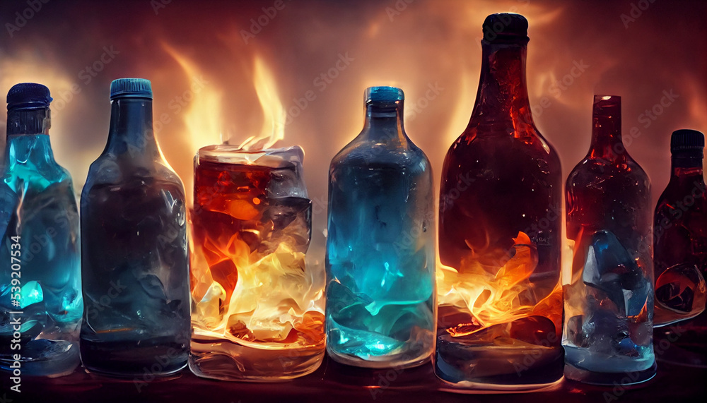bottles full of colorful magic drink, fire, ice bottles full of colorful magic drink, fire, ice