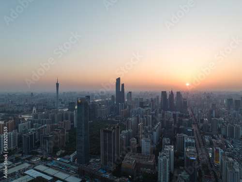 Aerial sunset view of Guangzhou, China.