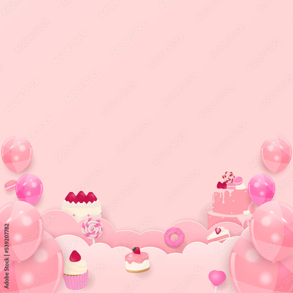 Dessert and cloud with helium balloons background Dessert and cloud with helium balloons background