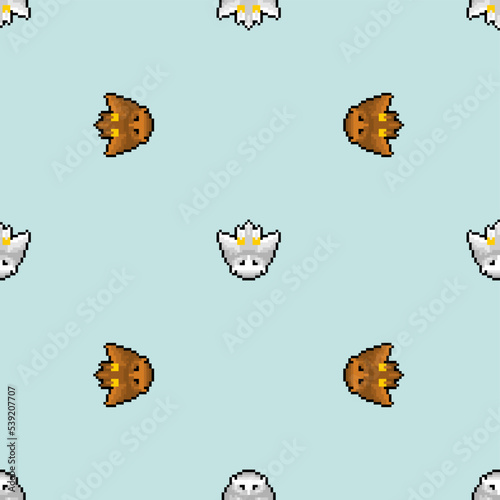 Owl Pixel art Pattern seamless. 8 bit eagle-ow Background. pixelatedl Vector texture photo