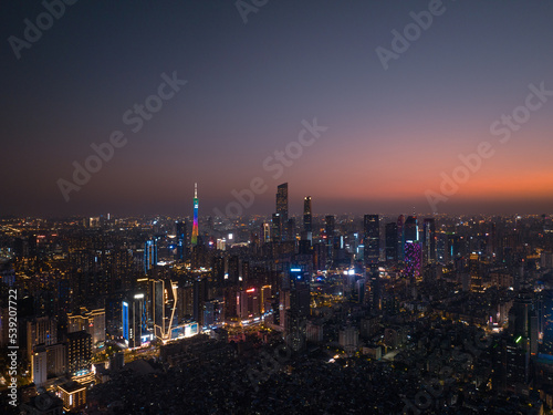 Aerial sunset view of Guangzhou  China. CBD landscapse