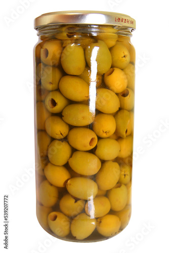 Juicy green olives in a transparent jar for your booklet design or store advertisement © Sensey3242