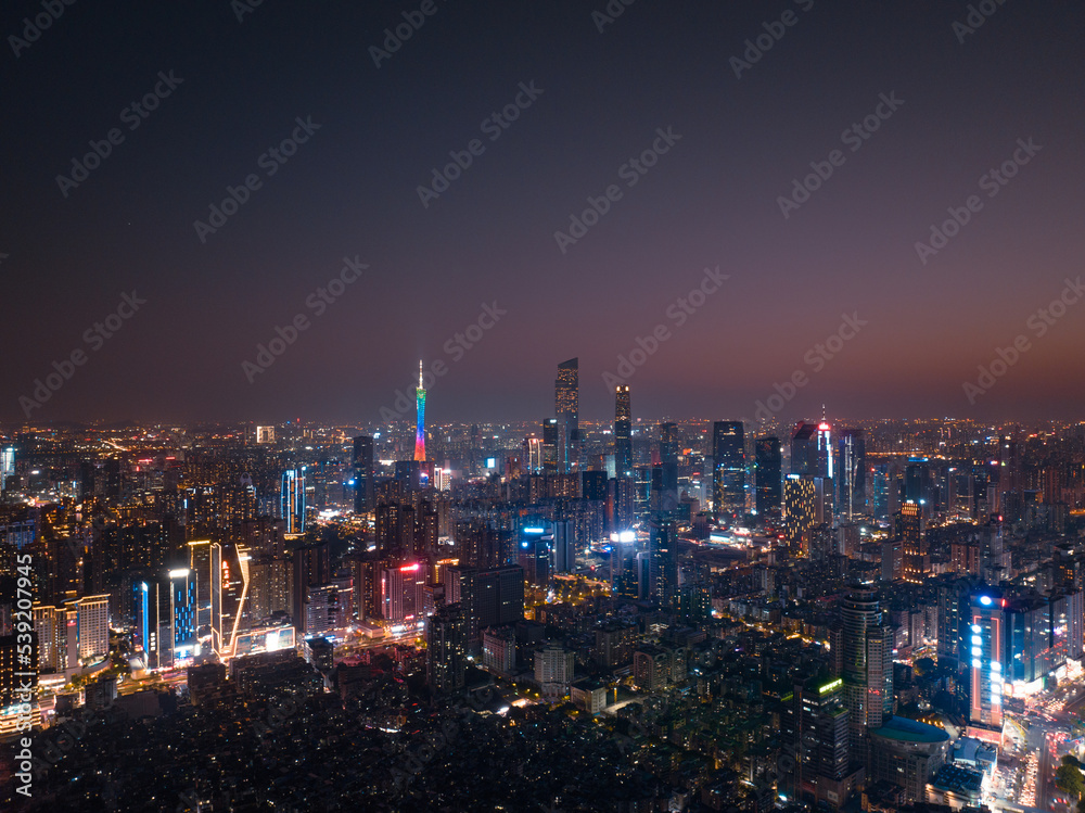 Aerial sunset view of Guangzhou, China. CBD landscapse