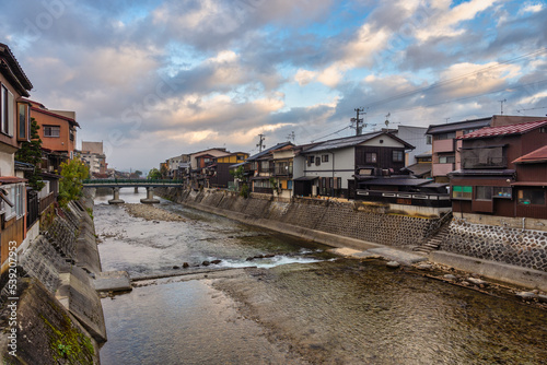 Takayama Gifu Japan, city skyline at Miyagawa river and Takayama old town