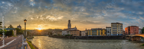 Verona Italy, panorama sunrise city skyline at Adige river and Verona Cathedral